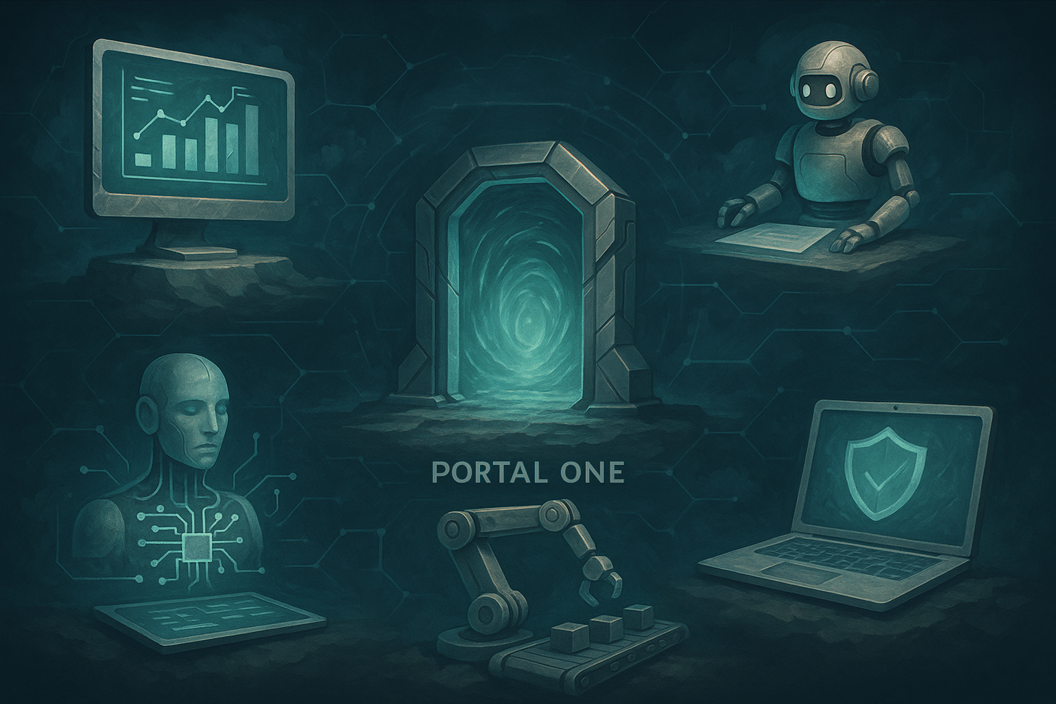 Portal One: central gateway linking AI analytics, agent tasks, security (laptop), automation (robotic arm), & human oversight (humanoid with tablet).