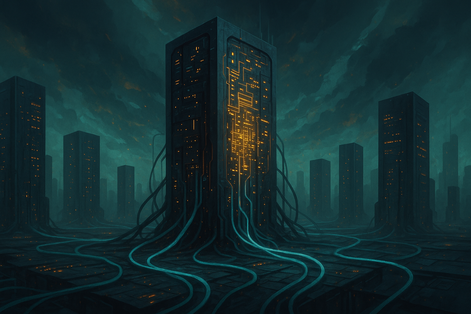 A tall, dark server monolith with glowing orange internal circuitry visible. Thick, glowing blue cables extend from its base like roots, spreading across a gridded, dark floor.