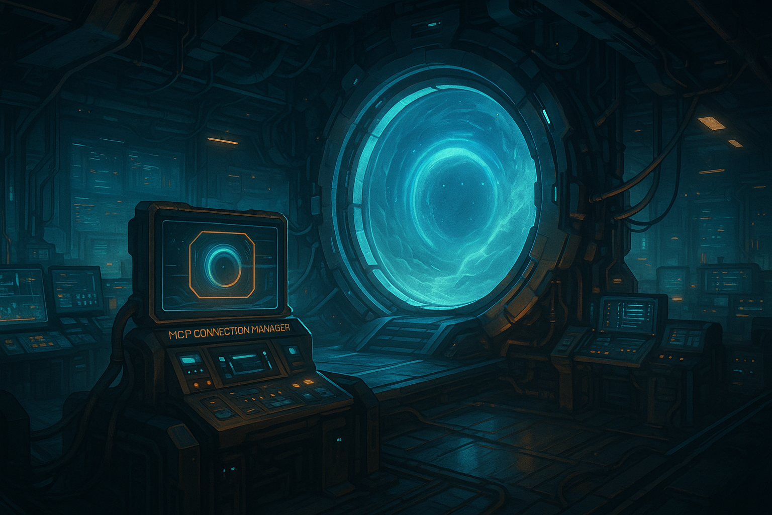 A high-tech control room featuring the glowing blue Portal One gateway. A foreground console is labeled 'MCP CONNECTION MANAGER', showing how Portal One maintains its always-on link to servers.