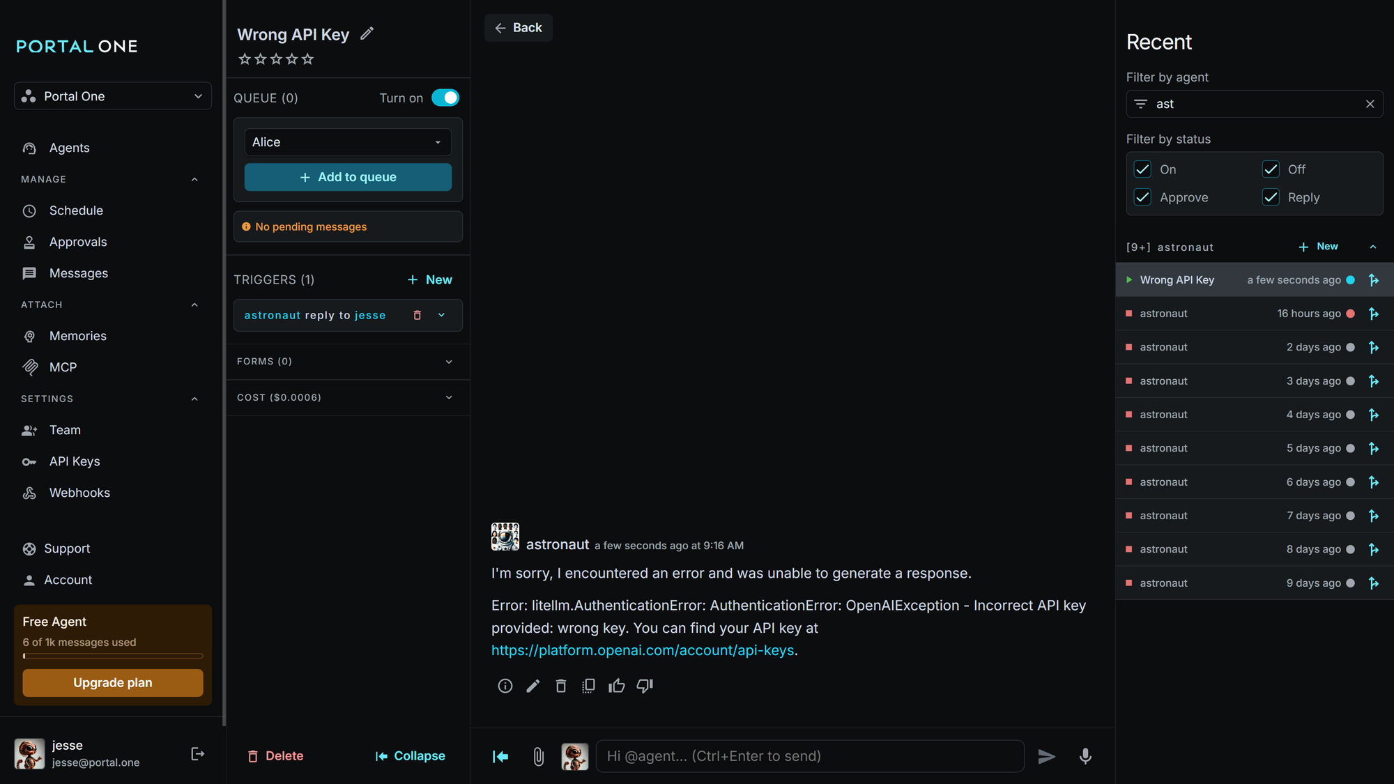 Error message in Portal One agent chat due to an incorrect API key. The message details an "OpenAiAuthenticationError" and states "Incorrect API key provided."