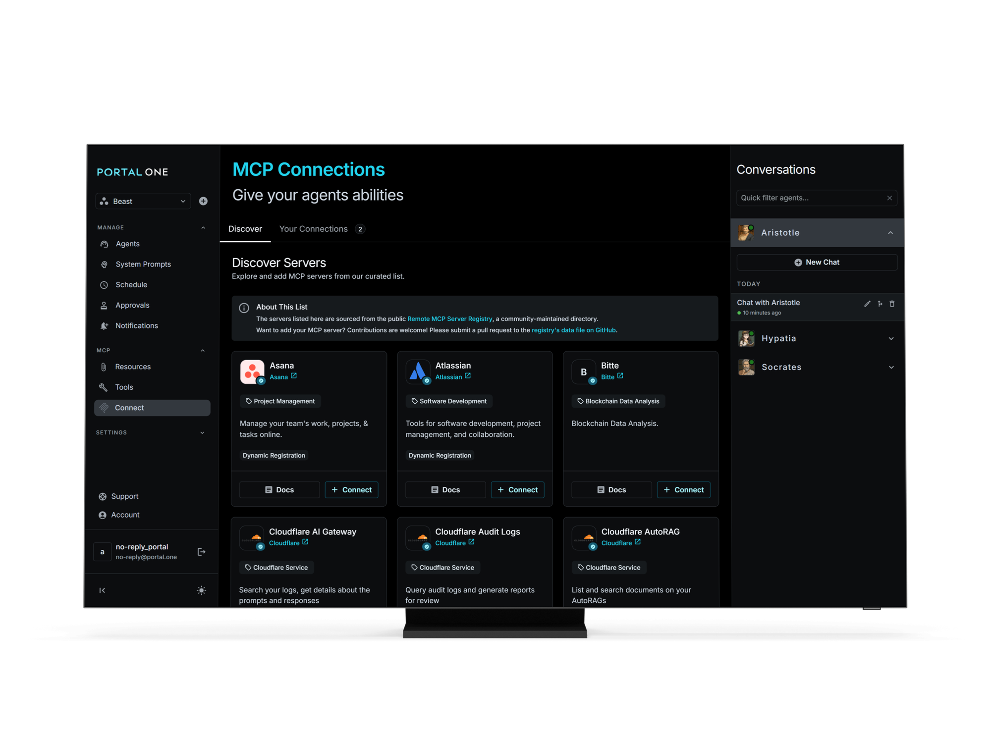 Portal One dashboard showing the MCP servers discovery pane that lists out all the available remote mcp servers.