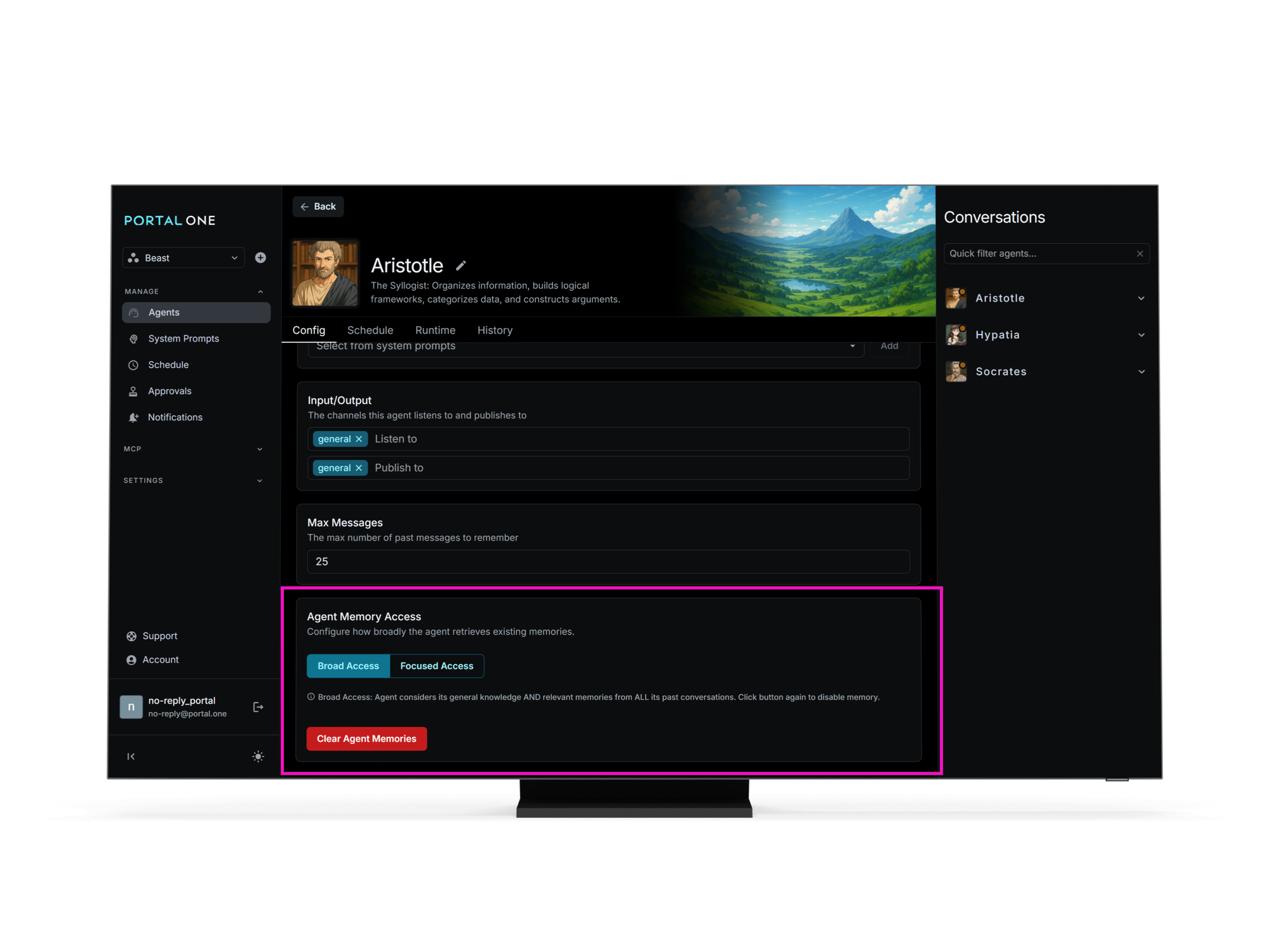 Portal One dashboard showing the AI agent configuration screen and highlighting the agent memory access card. 