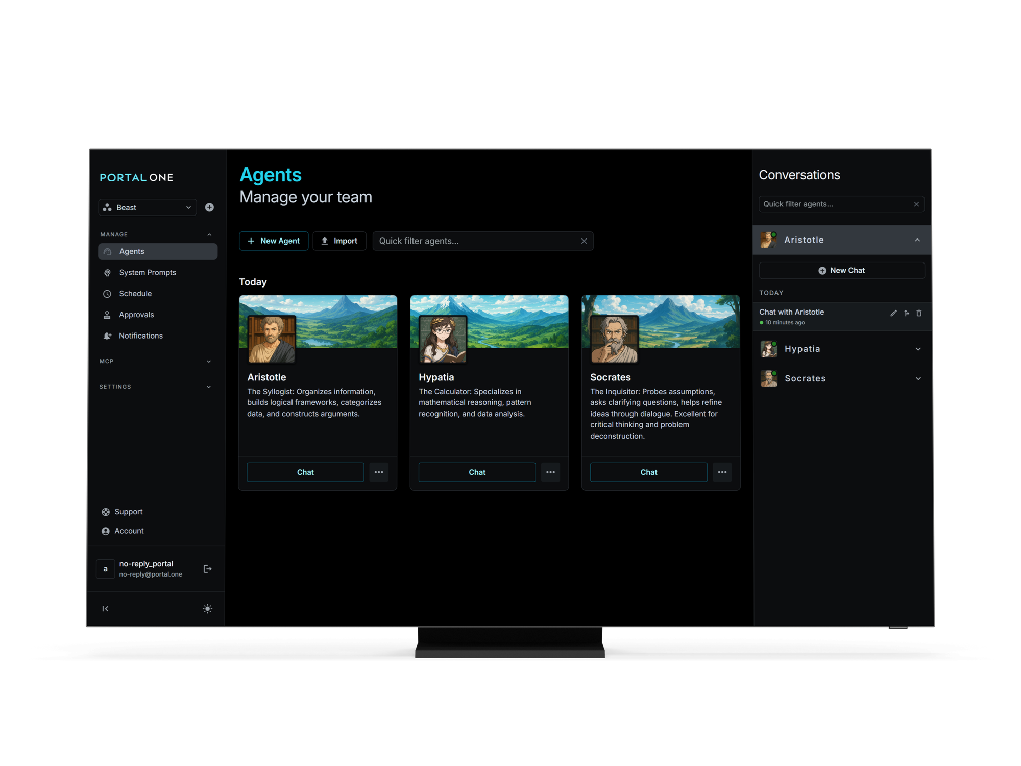 Portal One dashboard showing default workspace and default agents.