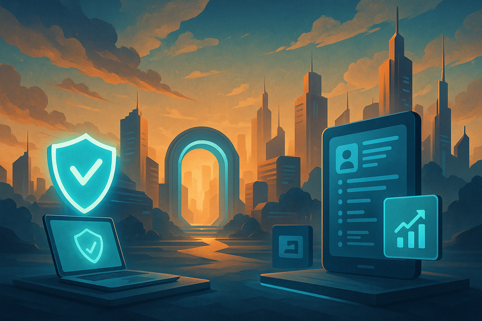 Concept art showing city skyline behind glowing portal with electronic devices in the foreground.