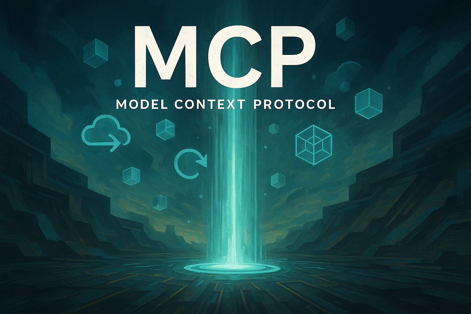 Image of floating logos with the words MCP Model Context Protocol overlaid.
