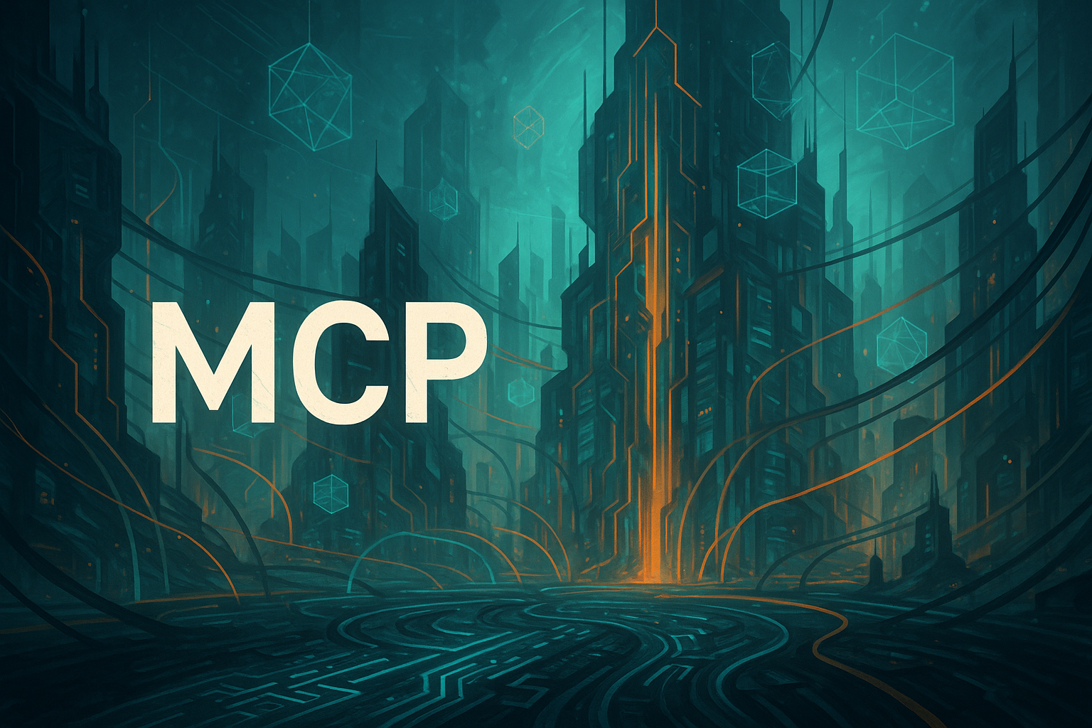 Futuristic digital painting of a dark, circuit-covered tower with 'AI' in glowing blue, beside a large, circular, glowing blue energy portal, all set in a desolate landscape under an orange sky with distant spires.