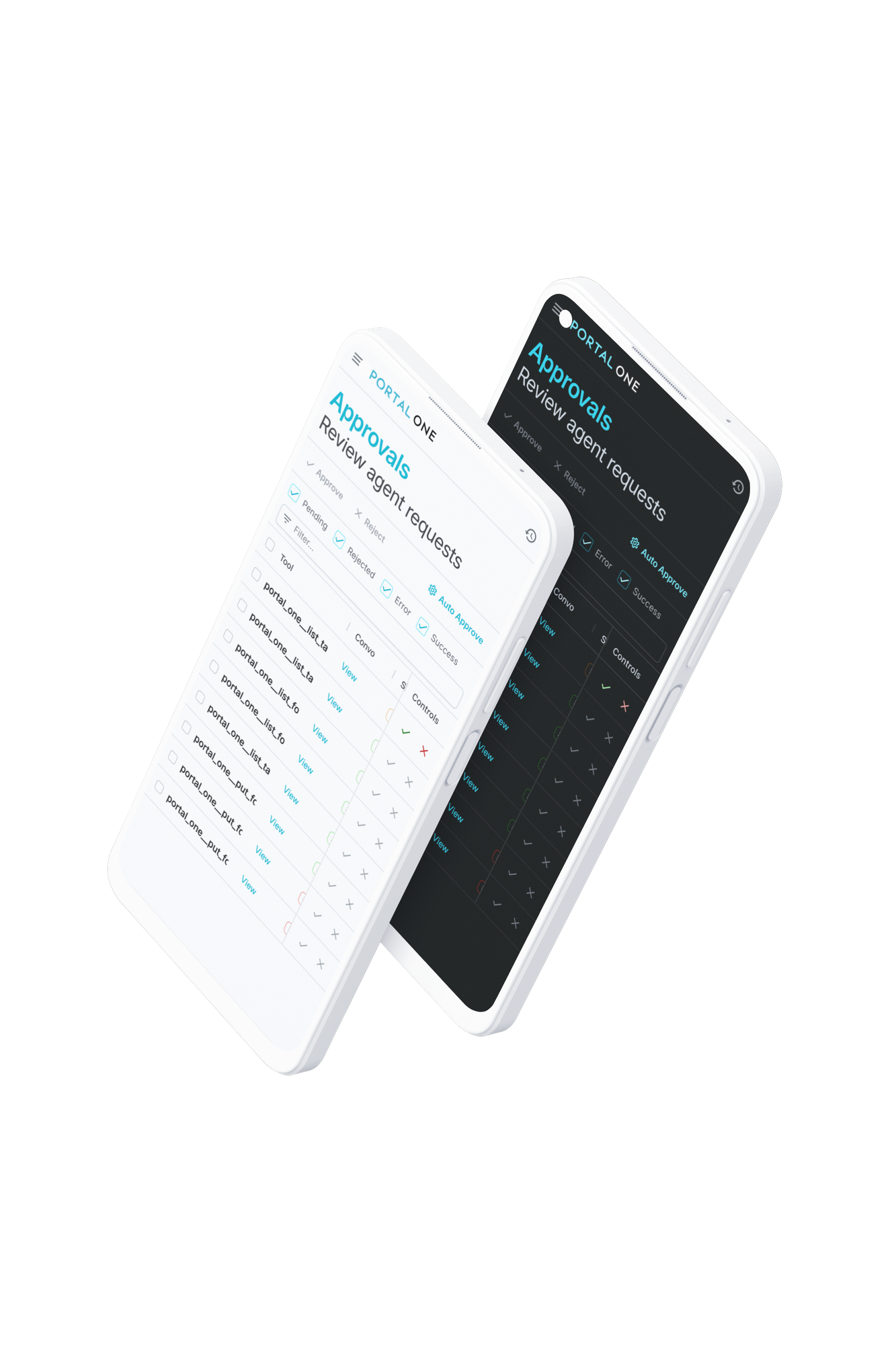Portal One mobile interface showing the 'Approvals' screen for human oversight, allowing users to review and approve AI agent actions for quality and compliance.