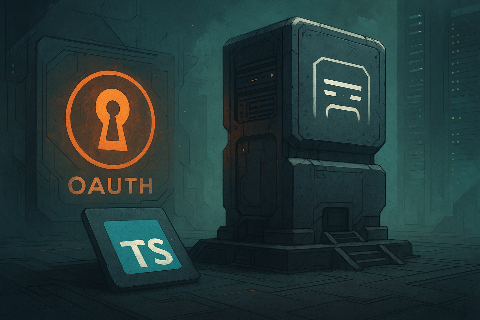 Stylized illustration of a futuristic server monolith. To its left is a large panel displaying a glowing orange keyhole symbol above the word 'OAUTH'. 