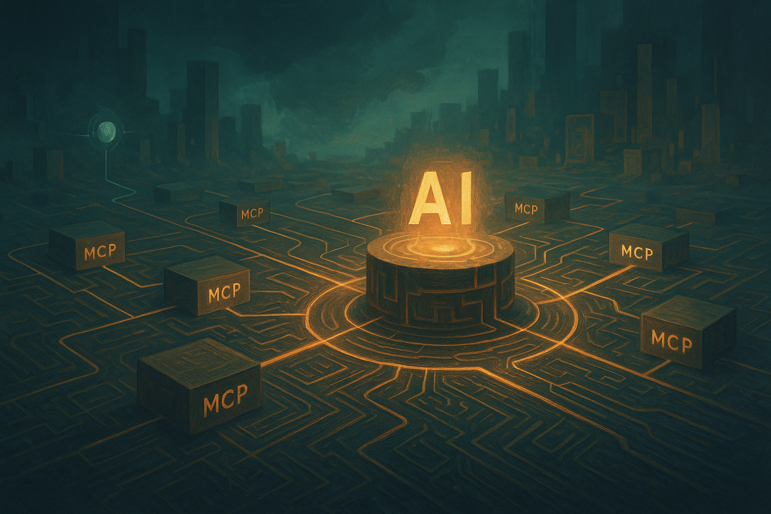 Central AI platform connected by glowing circuits to multiple MCP blocks, symbolizing the Model Context Protocol empowering AI with resources.