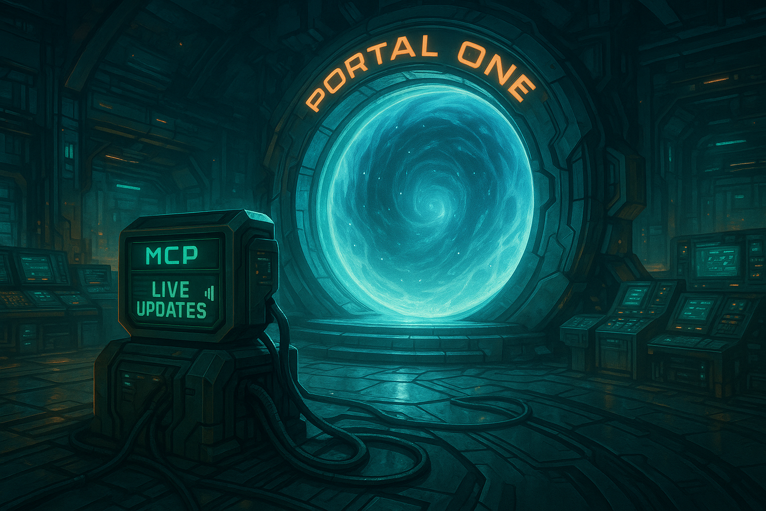 Futuristic scene with a glowing blue 'Portal One' gateway. In front, a computer terminal displays 'MCP LIVE UPDATES', symbolizing instant server information.