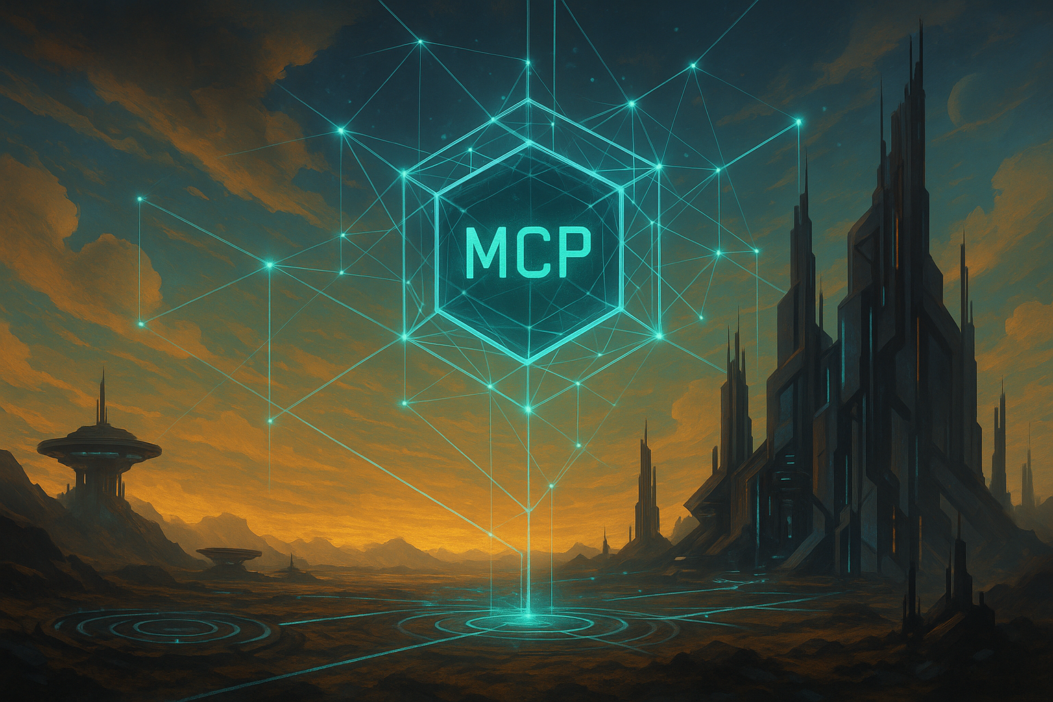 Futuristic digital painting showing a glowing teal hexagonal 'MCP' logo at the center of an interconnected network grid.
