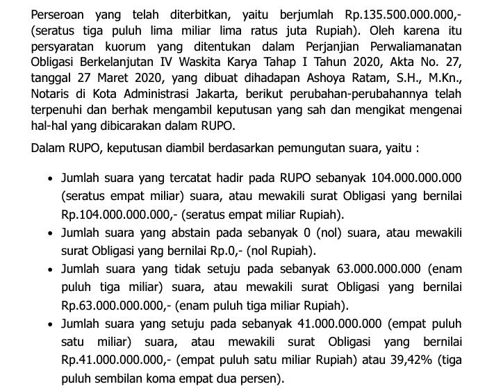 Hasil rapat umum pemegang obligasi Waskita