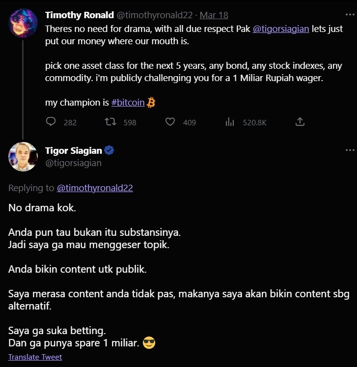 Timothy Ronald ajak betting Tigor Siagian