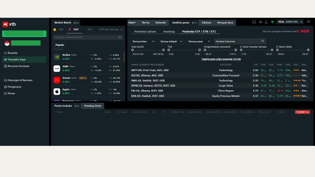 Pilihan ETF yang tersedia di XTB, berikut ini juga tampilan XTB versi Dekstop