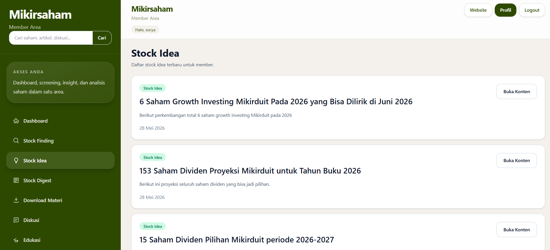 Tampilan member Area Mikirsaham