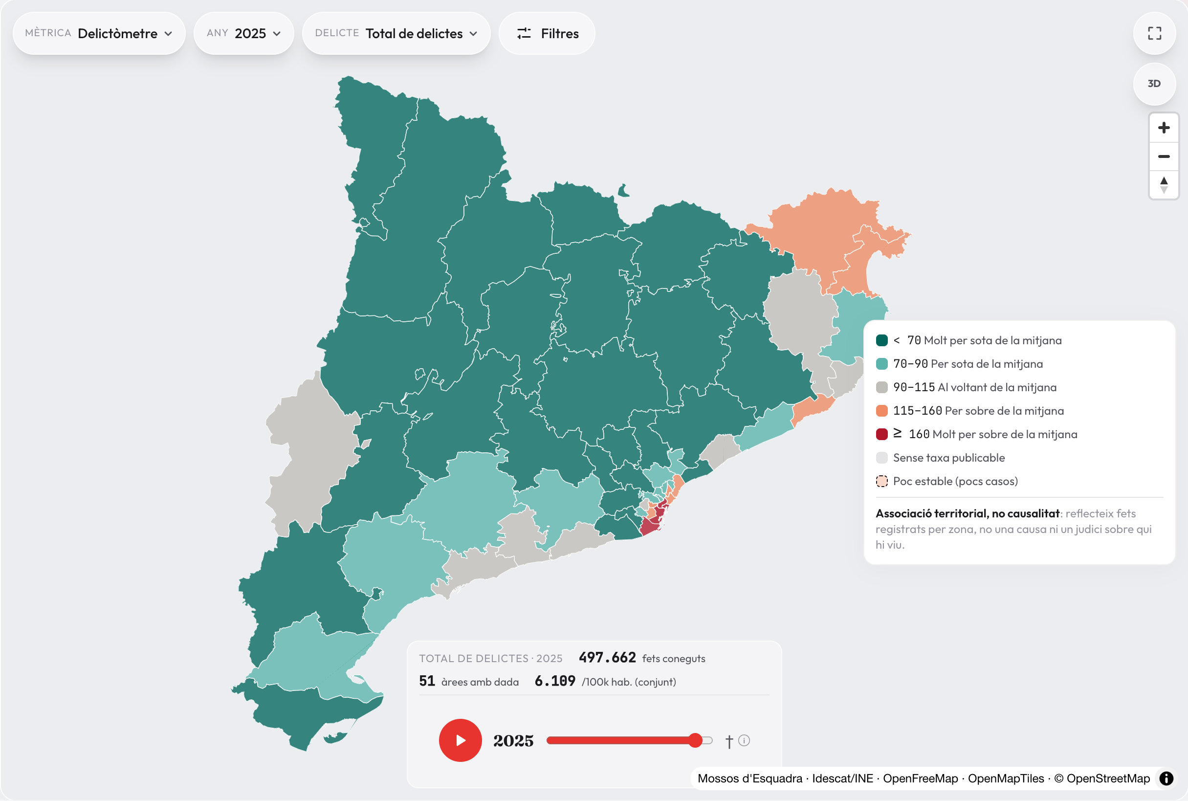 Mapa de Catalunya per àrees bàsiques policials pintat segons el Delictòmetre 2025, amb llegenda per trams i el comptador de 497.662 fets