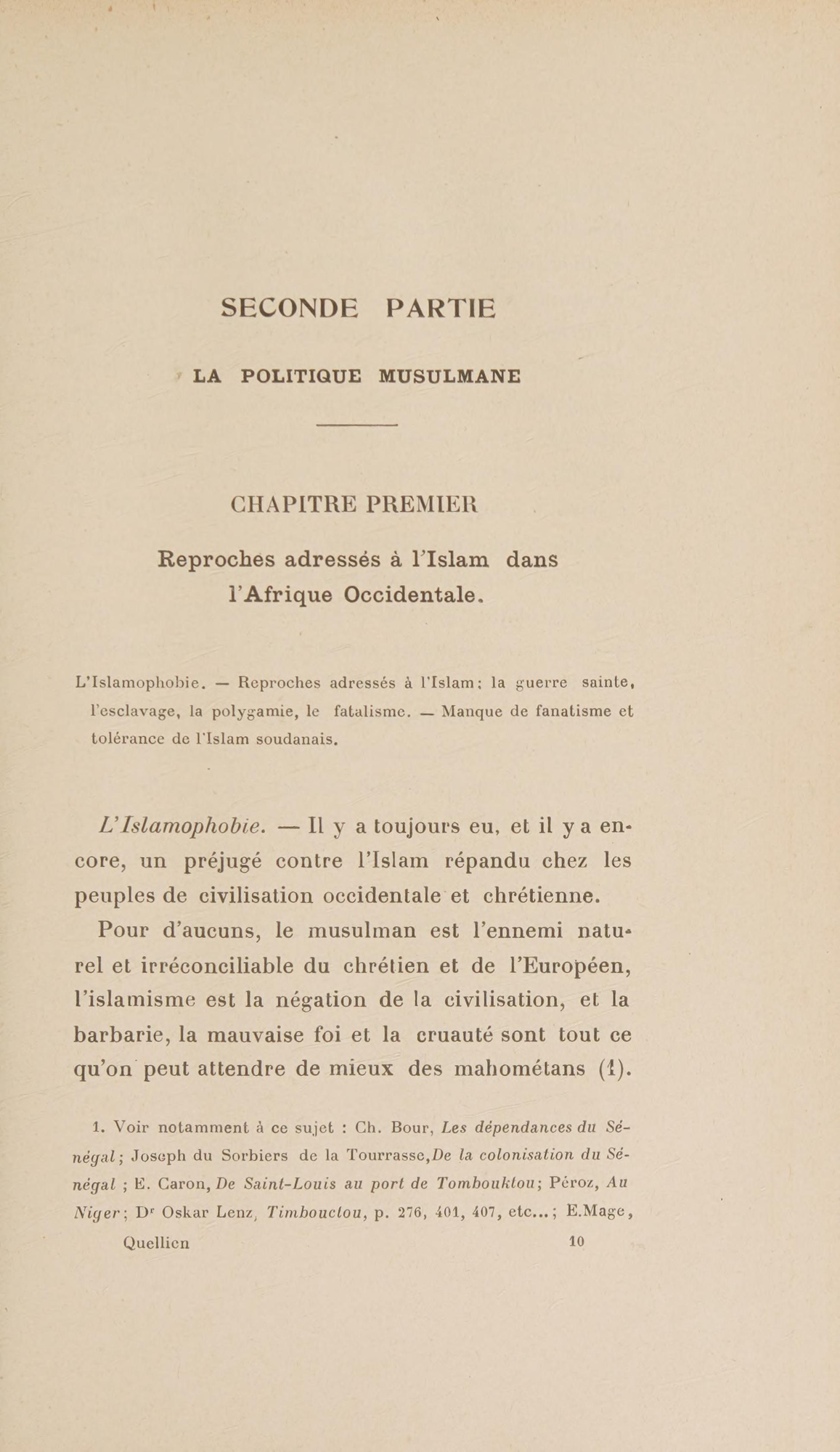 Pàgina impresa d'un llibre francès del 1910 amb l'epígraf L'Islamophobie
