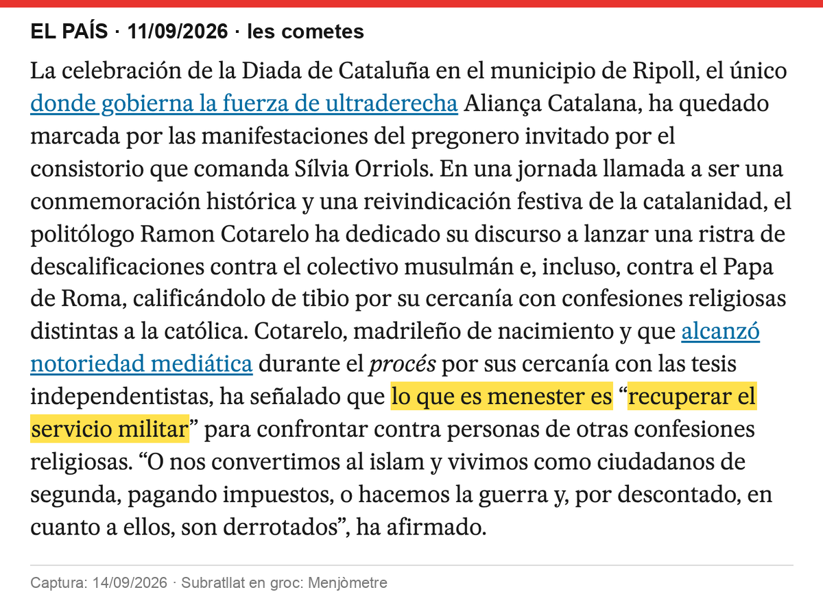 Paràgraf de la crònica d'El País amb "recuperar el servicio militar" entre cometes, subratllat en groc