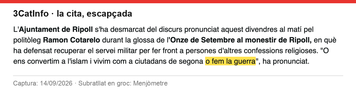 Paràgraf de 3CatInfo amb la cita de Cotarelo tallada a "o fem la guerra", subratllat en groc