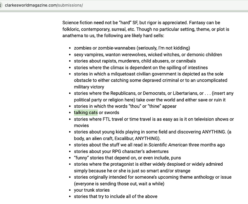Text highlighted is ‘talking cats or swords’. Detailed list of what Clarksworld will not want to consider in submissions.