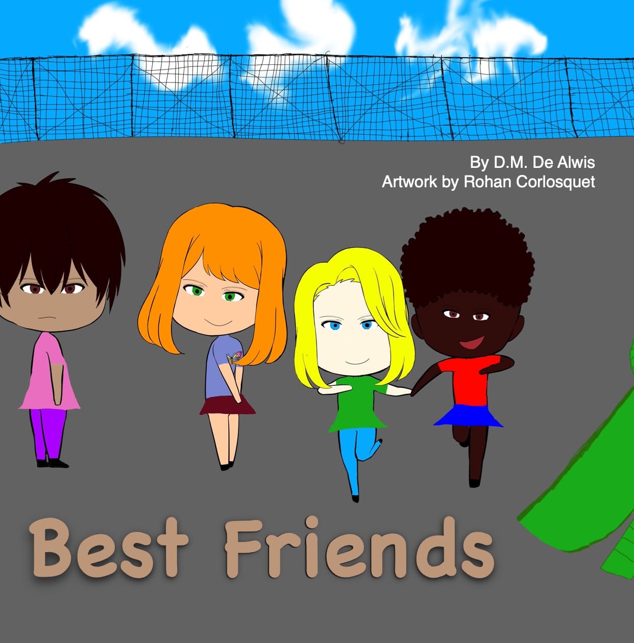 Illustrated cover depicting four girlfriends in a playground.