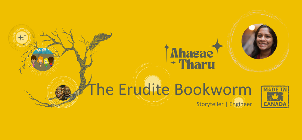 The Erudite Bookworm (Storyteller | Engineer) and site logo a made in Canada stamp. Images represent Diliny's cover art and podcast logo. 