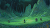Painterly concept artwork showing four rustic travellers garbed in green traversing a lush field surrounded by woodland