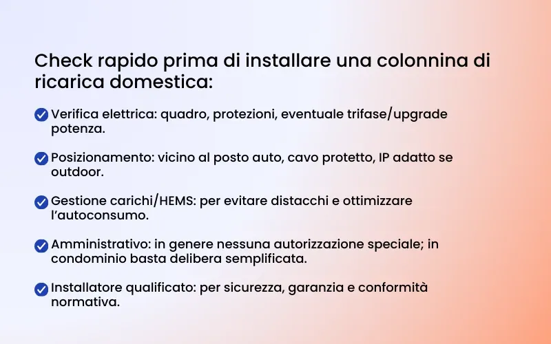 checklist installazione colonnina domestica