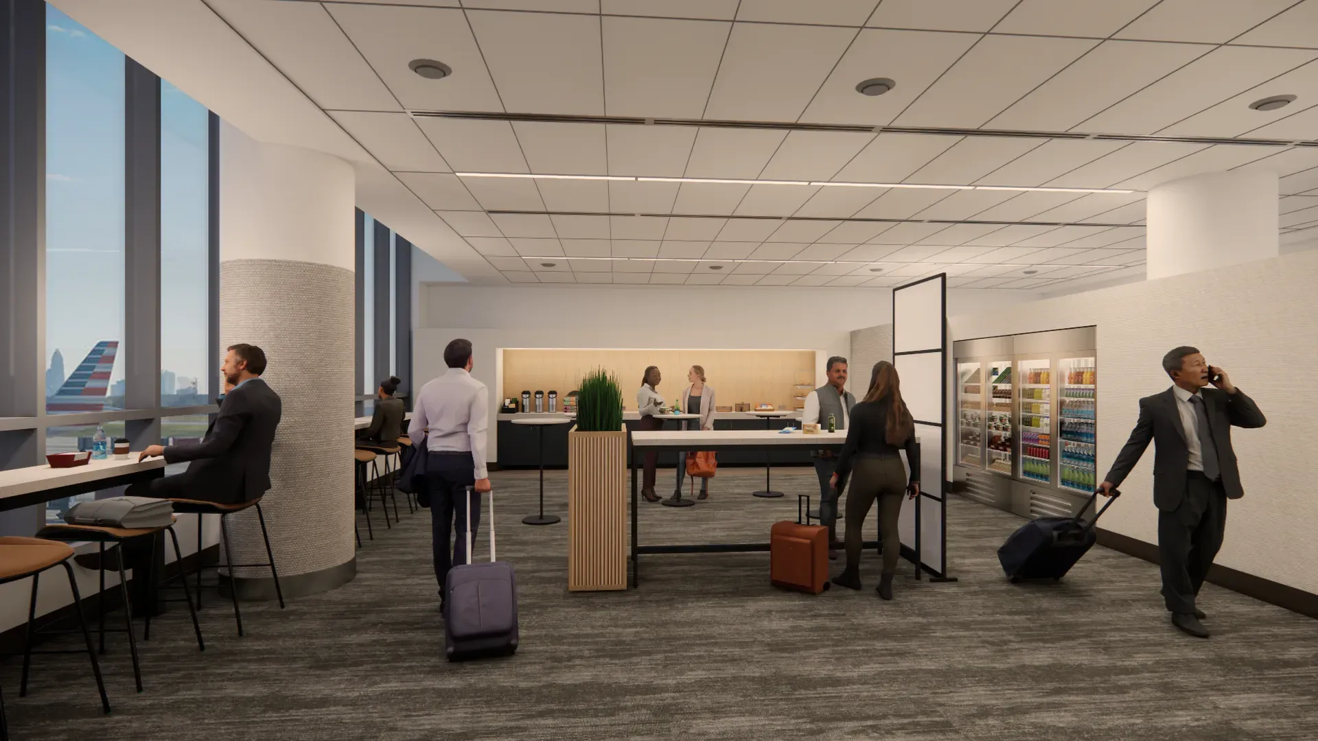 American Airline airport lounge with people entering and leaving with baggage.