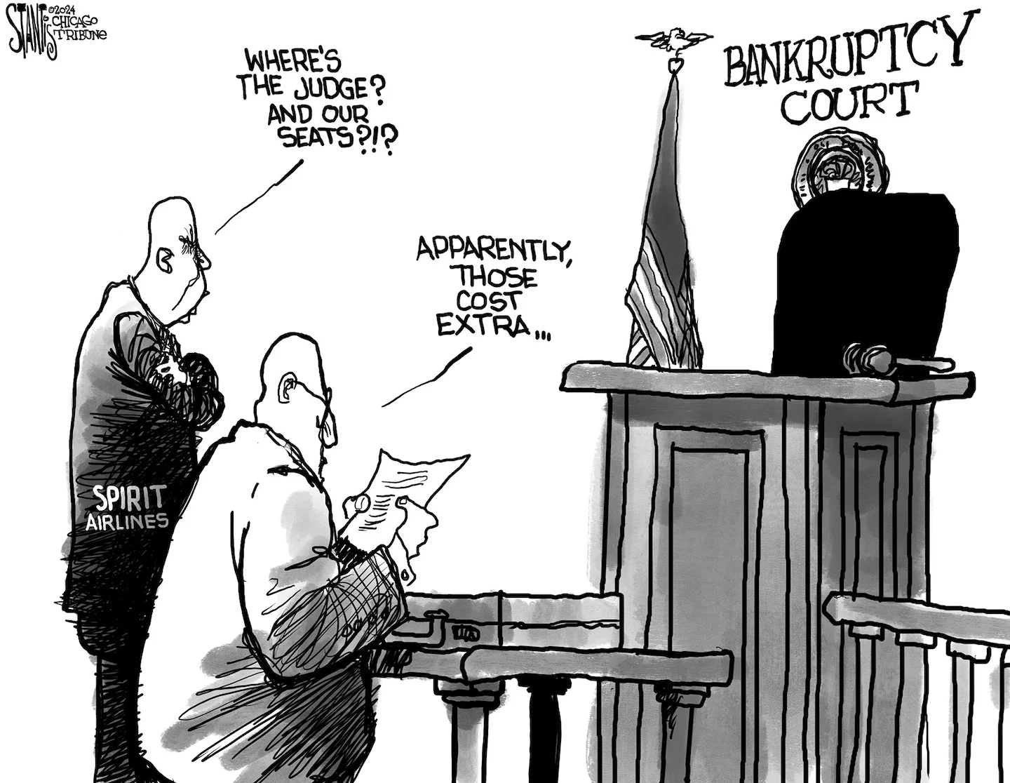 Cartoon by Scott Stantis depicting Spirit Airlines executives in bankruptcy court, joking about extra costs while standing before a judge.