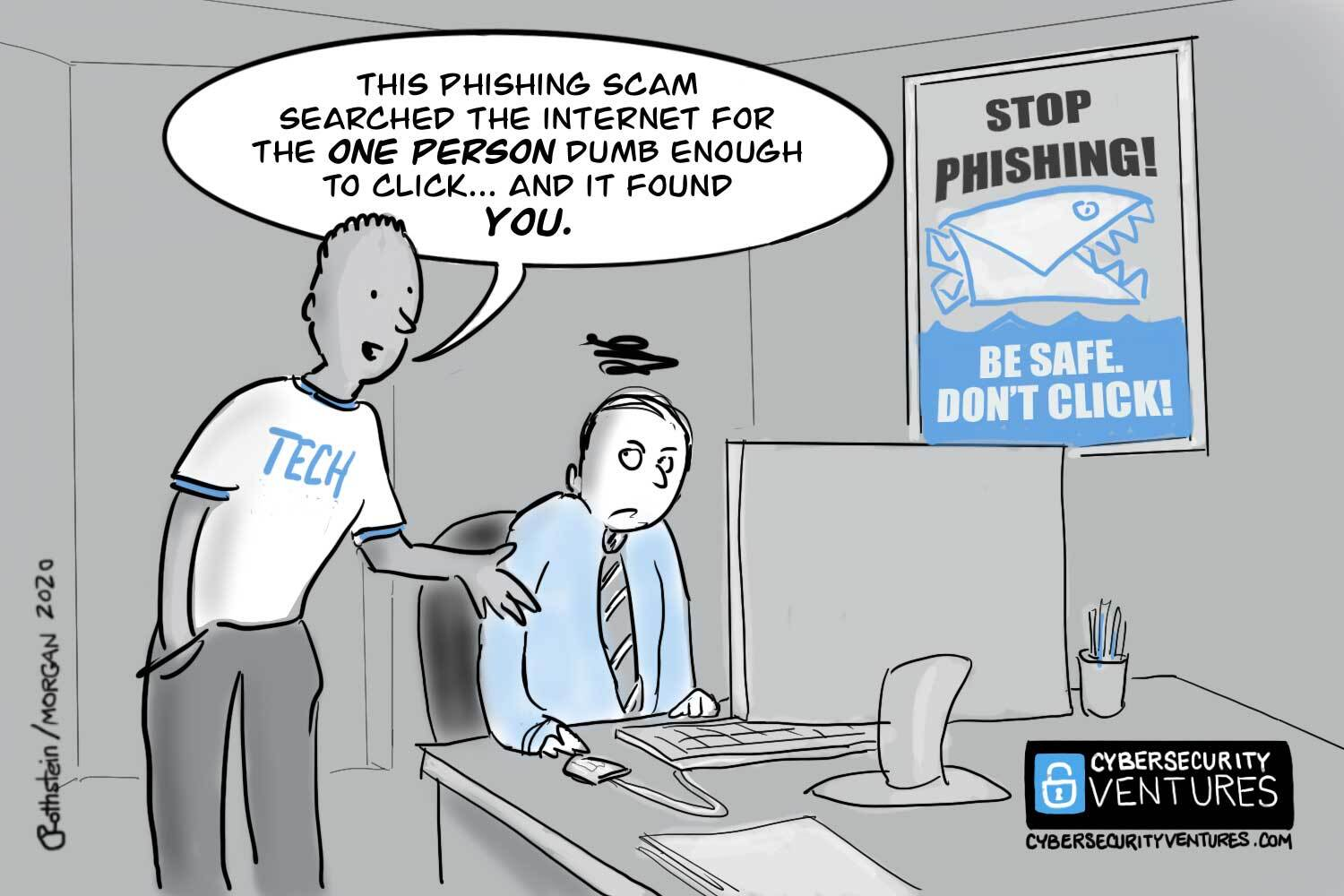 A cartoon shows an office worker at a computer looking guilty while a tech support person tells him, “This phishing scam searched the internet for the one person dumb enough to click… and it found you.” On the wall is a poster that says “Stop Phishing! Be safe. Don’t click!” with a fish illustration.