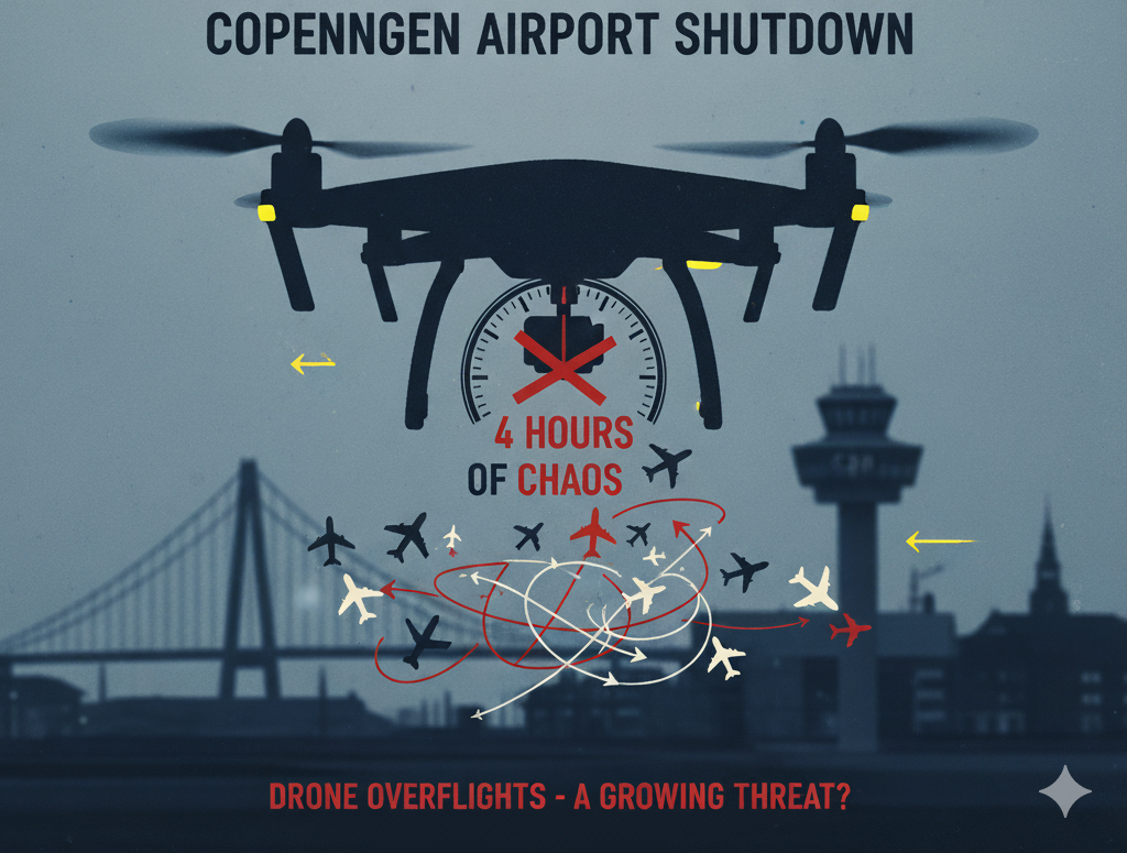 Silhouetted drone over Copenhagen skyline and control tower, clock showing 4-hour delay, chaotic airplane icons with red and white lines. Text: ‘Drone Overflights: A Growing Threat?’
