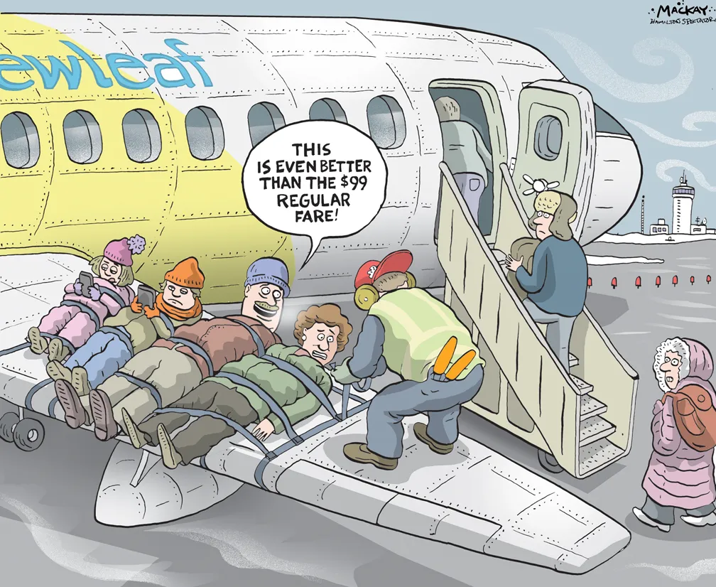Cartoon showing passengers strapped to the wing of a budget airline plane labeled “Newleaf.” One passenger jokes, “This is even better than the $99 regular fare!” while others board through the stairs, poking fun at the compromises of ultra-low-cost airlines.