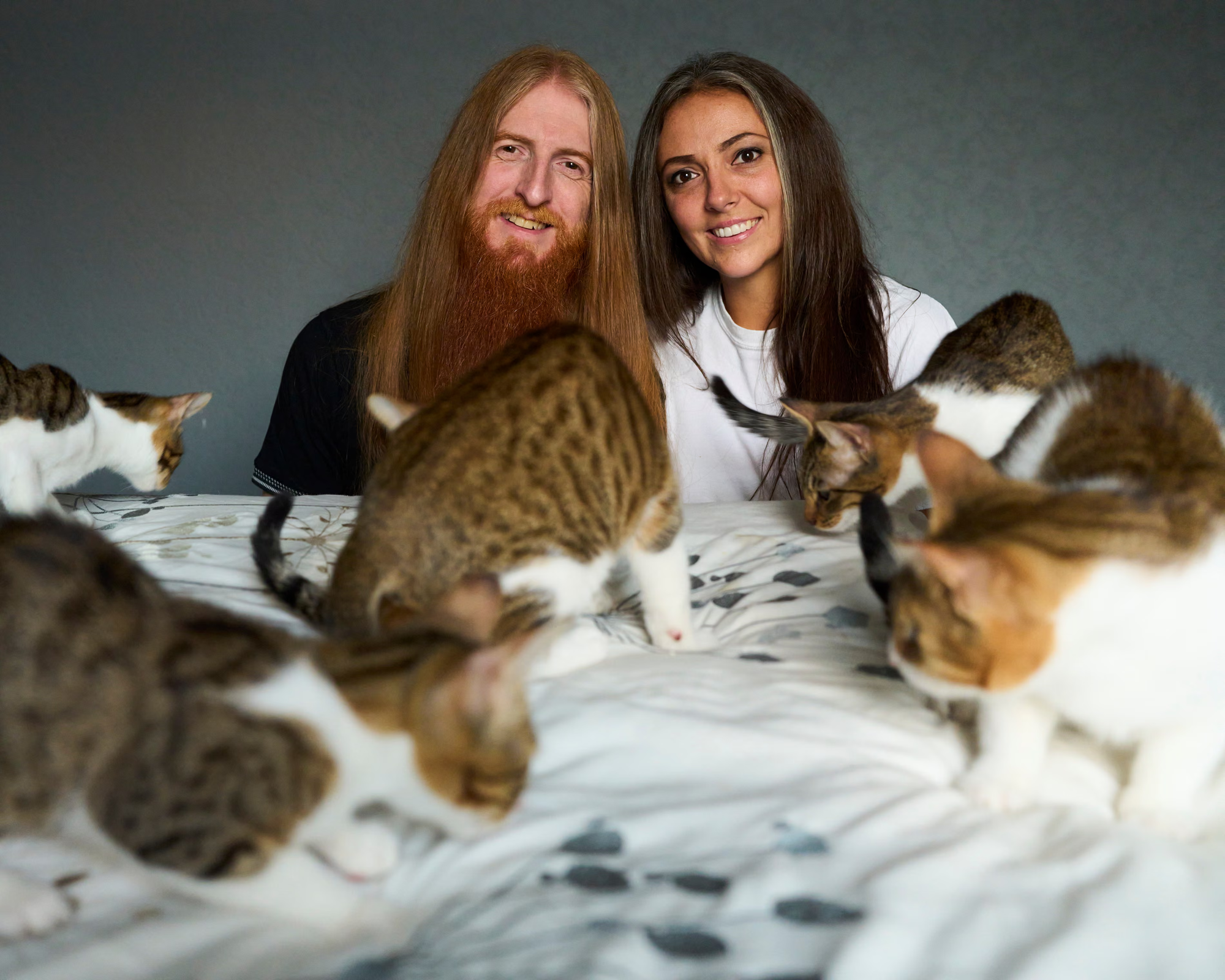Adam and Bethany Mulcahy-Stephenson at home with the rescued kittens that went missing in transport