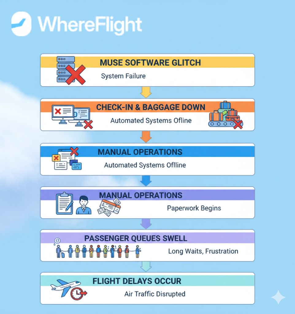 Flowchart showing how a Muse software glitch causes system failure, check-in shutdowns, manual operations, long queues, and flight delays
