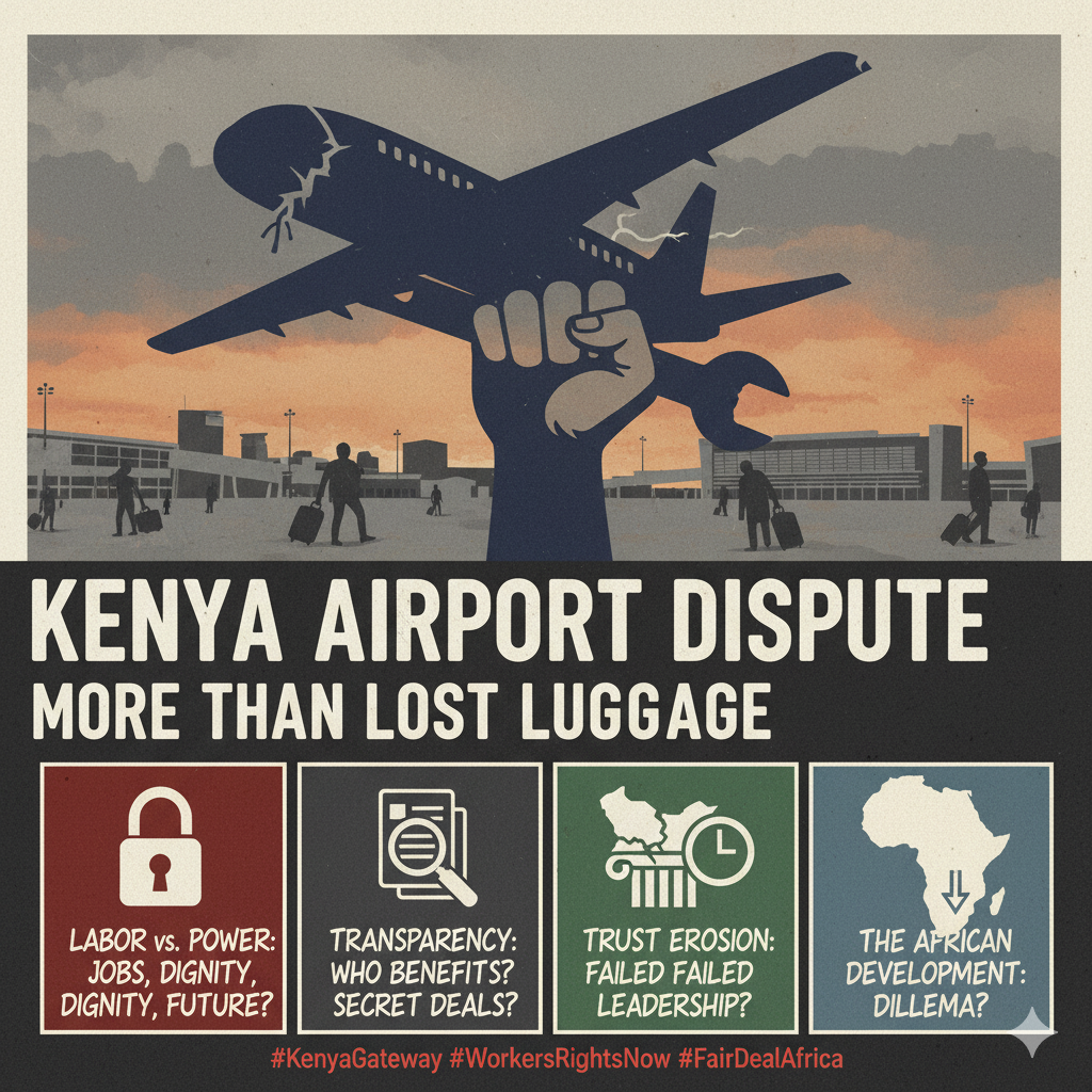 Poster of a fist with wrench holding a cracked plane over an airport. Icons highlight labor rights, transparency, trust, and Africa’s development. Title: Kenya Airport Dispute: More Than Lost Luggage.