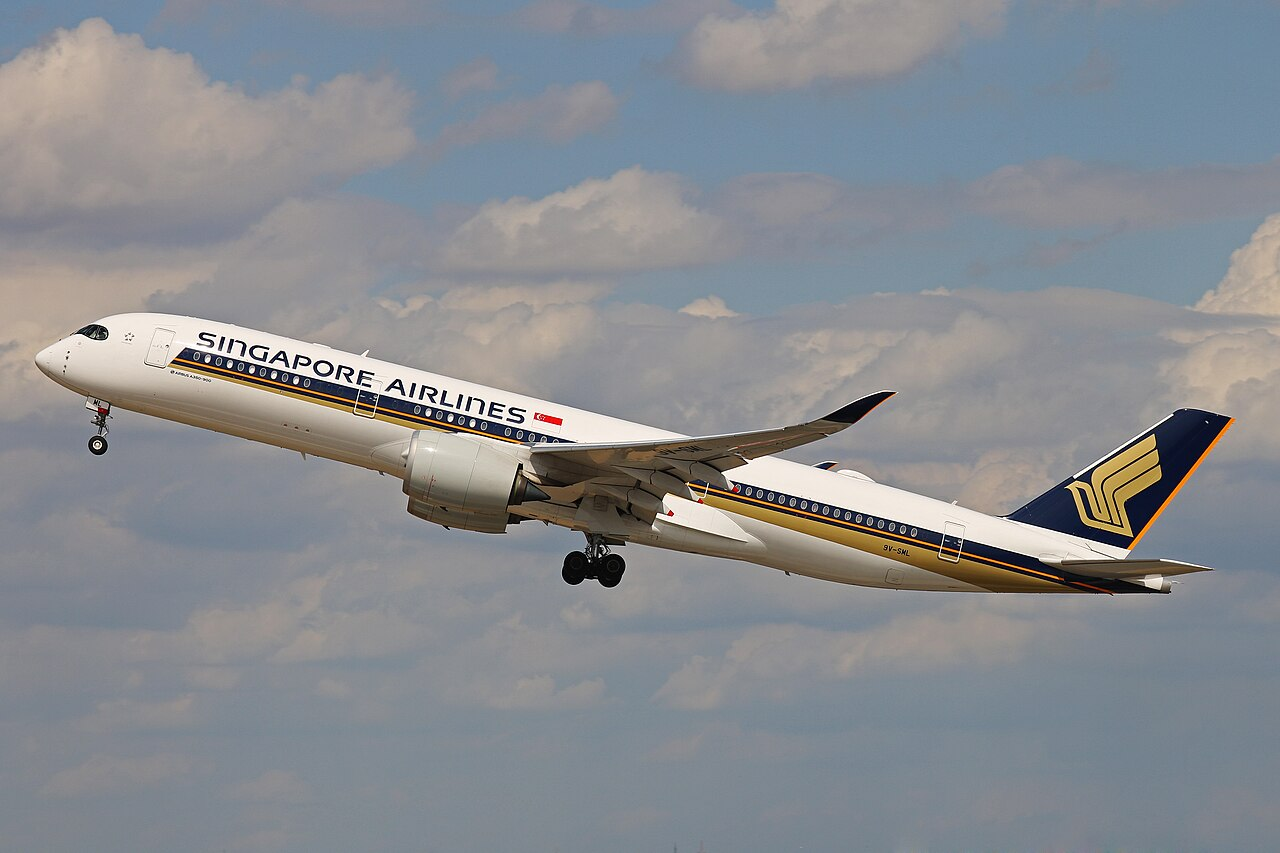 A photo of a Singapore Airlines A350 on climb