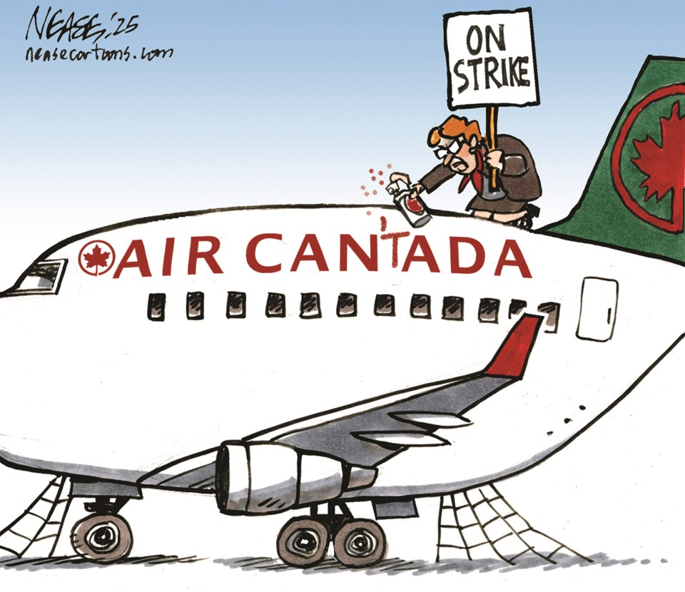 A political cartoon depicting an Air Canada airplane with a worker on top holding a sign that says “ON STRIKE” while chiseling the company name. The cartoon highlights the airline strike.