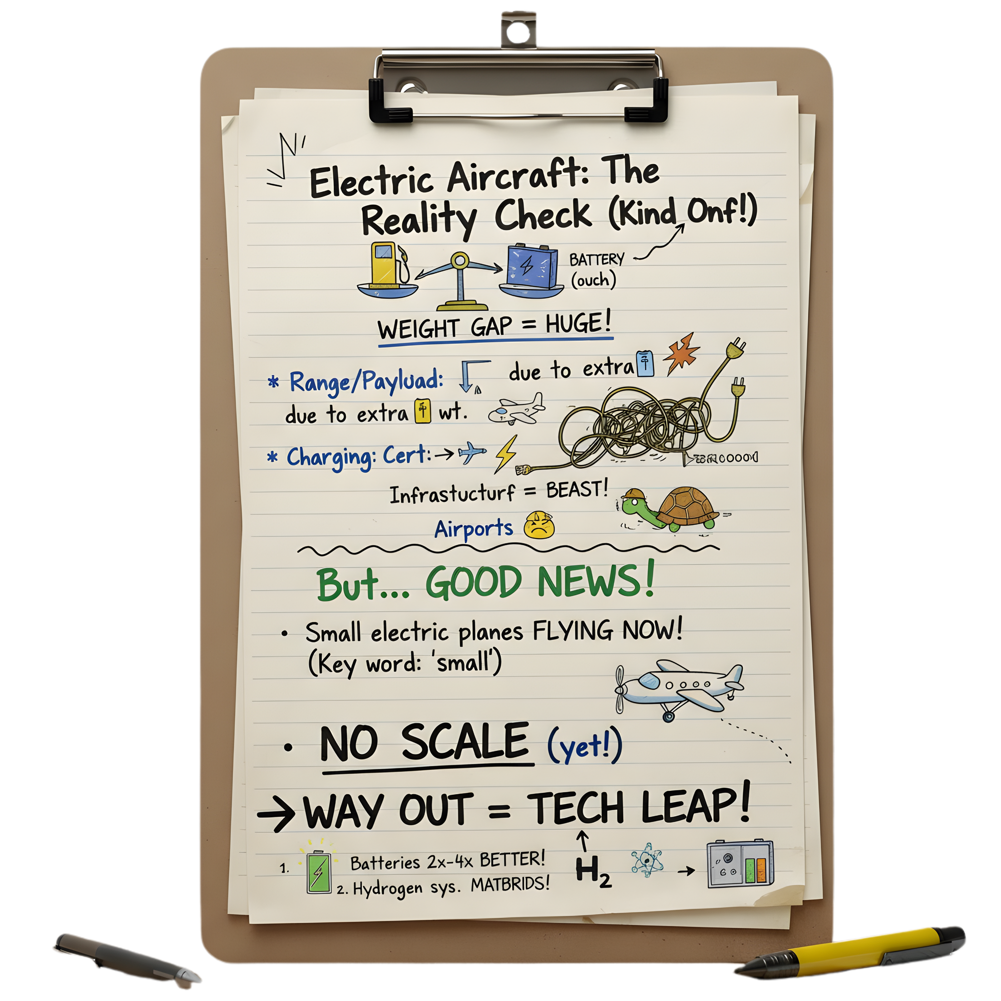 A notepad image on "Electric Aircraft: The Reality Check" shows the huge weight/range/payload gap & need for a Tech Leap (better batteries/H2).