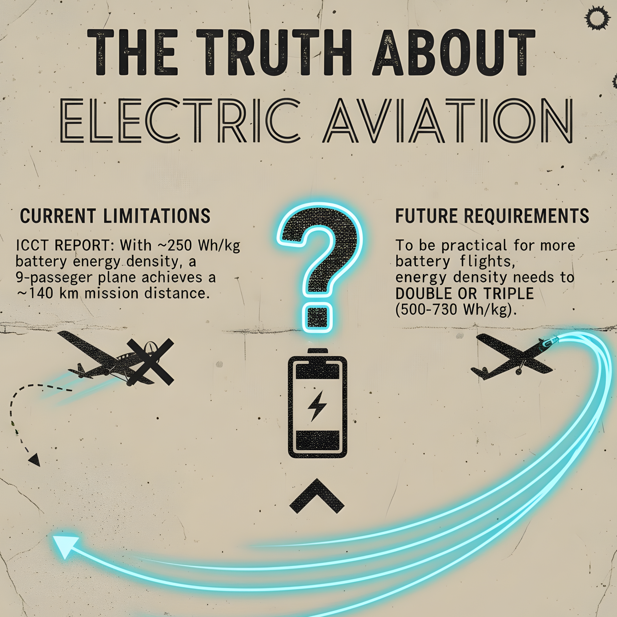 This infographic reveals the current electric aviation battery challenge: a 9-passenger plane has only a $\sim140$ km range; $500-730$ Wh/kg is needed.