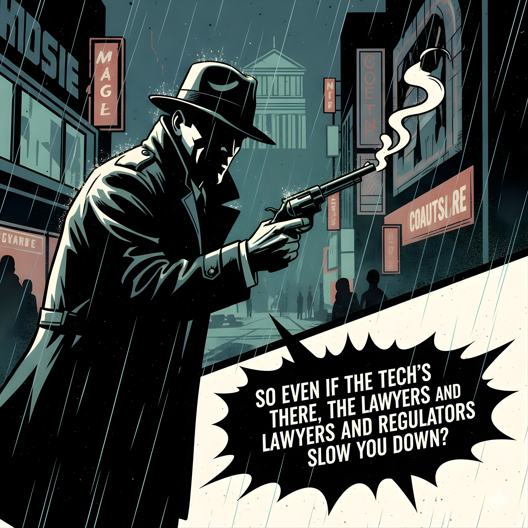 A film-noir style image of a detective in the rain, holding a gun, with a dialogue bubble asking: "SO EVEN IF THE TECH'S THERE, THE LAWYERS AND REGULATORS SLOW YOU DOWN?"