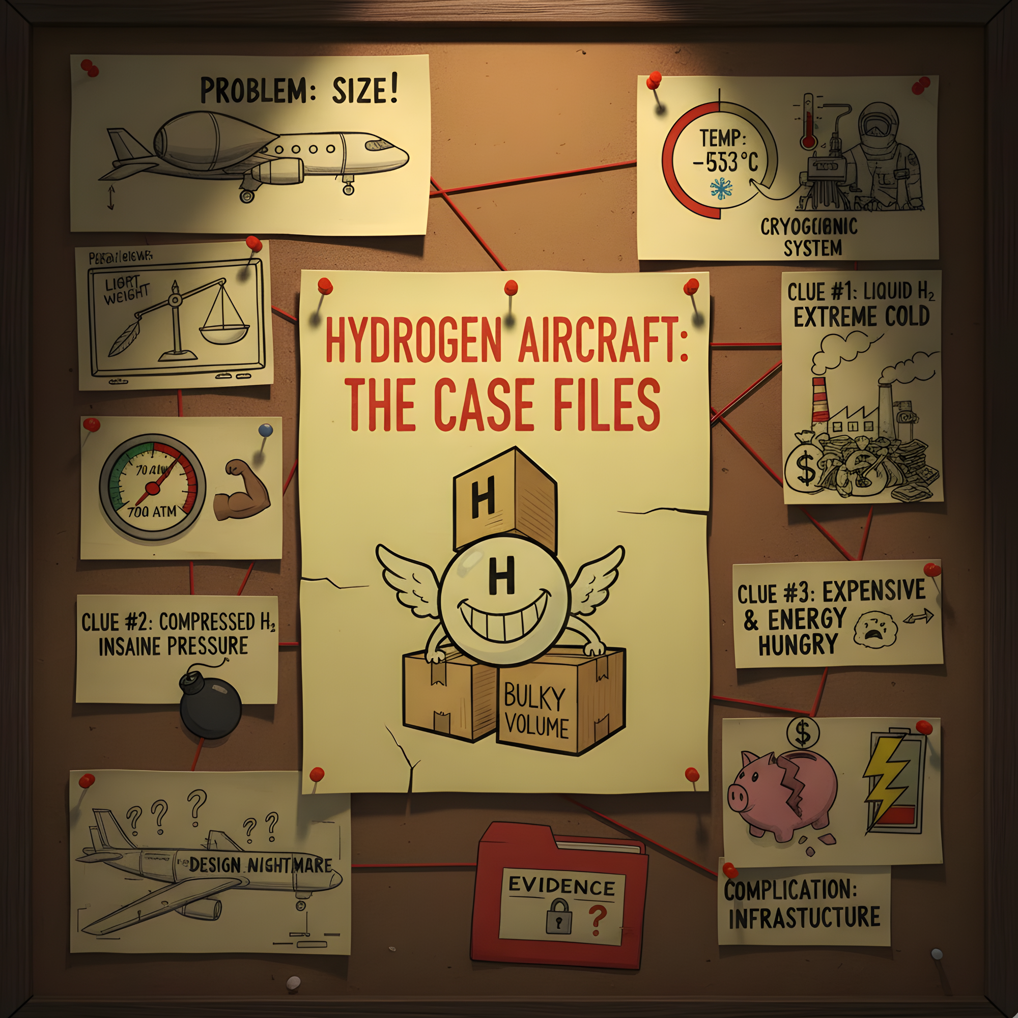 A corkboard with "HYDROGEN AIRCRAFT: THE CASE FILES" highlights key challenges: Bulky Volume, Extreme Cold, Insane Pressure (700 ATM), Costly, and Infrastructure problems.
