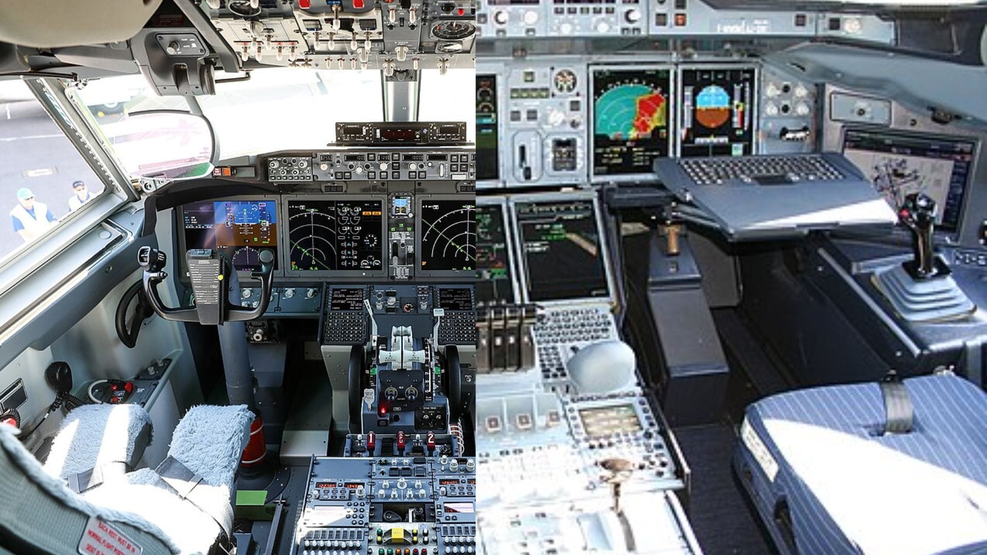 A photo with Yoke featured cockpit on left and Side Stick featured on right