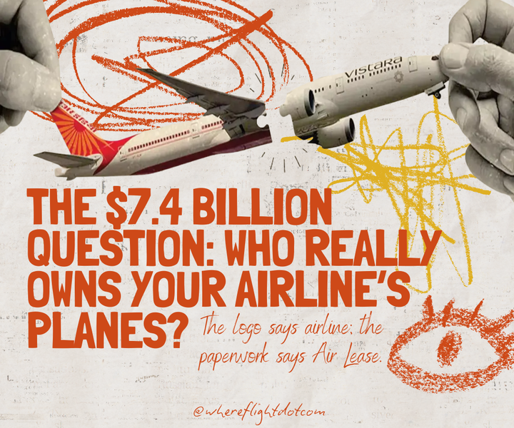 Hands holding model planes of Air India and Vistara against a chaotic background, paired with text questioning airline ownership and referencing Air Lease’s $7.4 billion acquisition.