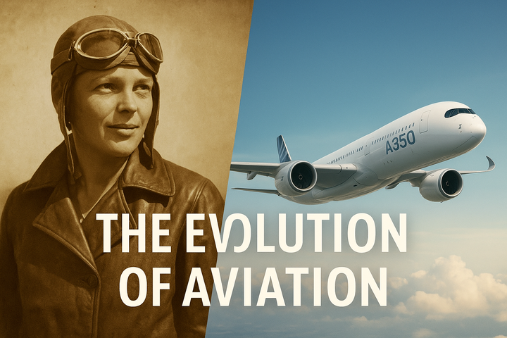 A composite image showing Amelia Earhart in sepia tones on the left and a modern Airbus A350 jet flying on the right, with the text 'The Evolution of Aviation' across the center.
