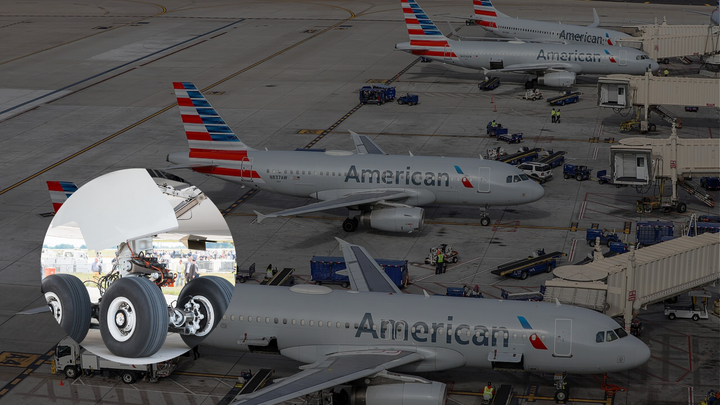 A picture depicting American Airlines' Aircraft in the background with Wheel Well in Foreground
