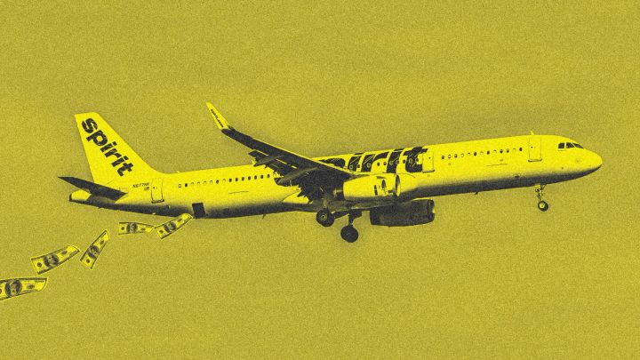 Yellow Spirit Airlines airplane in flight with dollar bills falling out of the back, symbolizing financial losses.