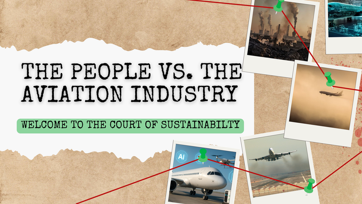 Collage titled 'The People vs. Aviation Industry' with pinned photos of smoke, planes, AI, and sustainability.