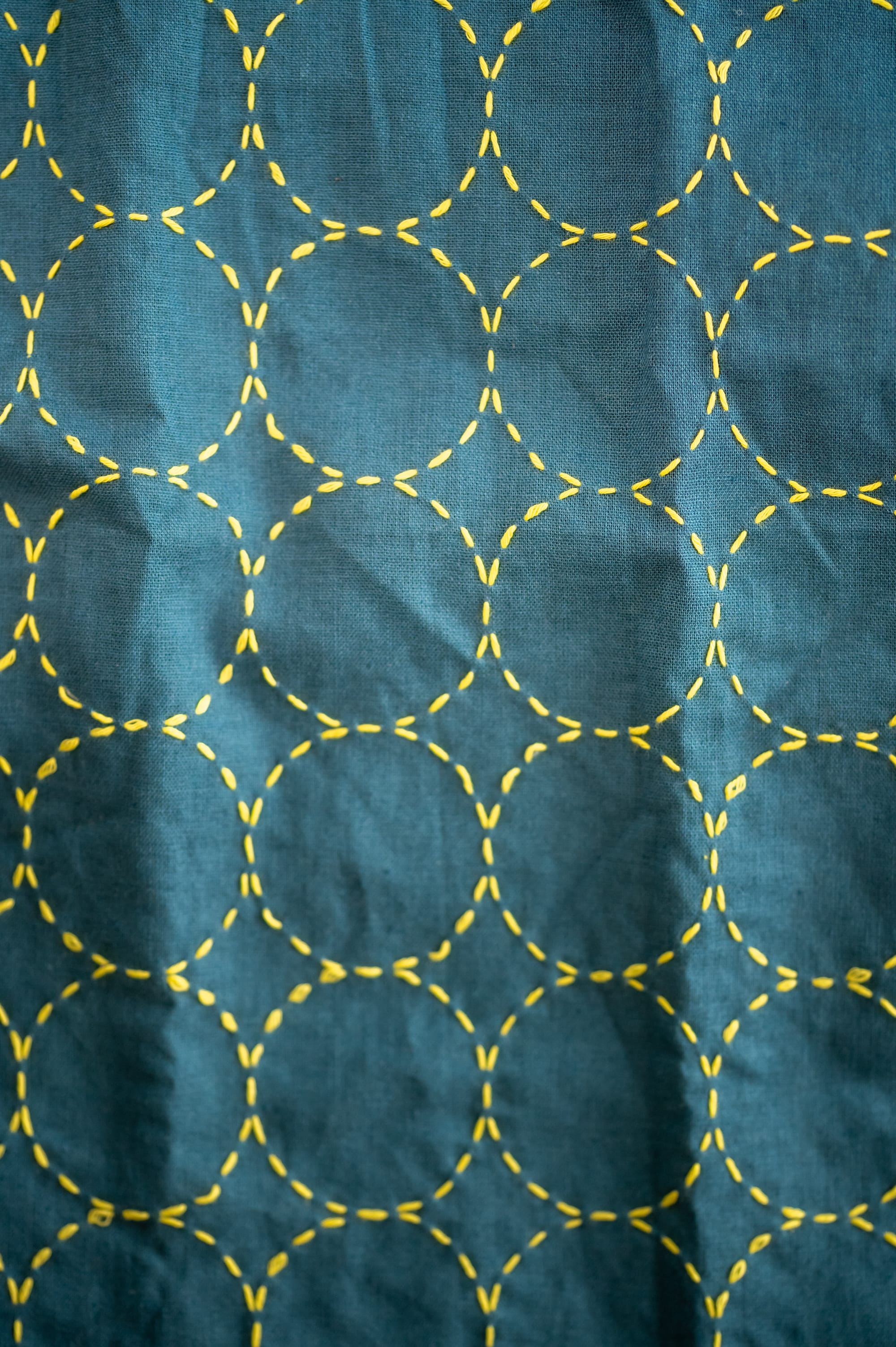 Yellow circles lined up to form the marutsunagi sashiko pattern in yellow on teal fabric