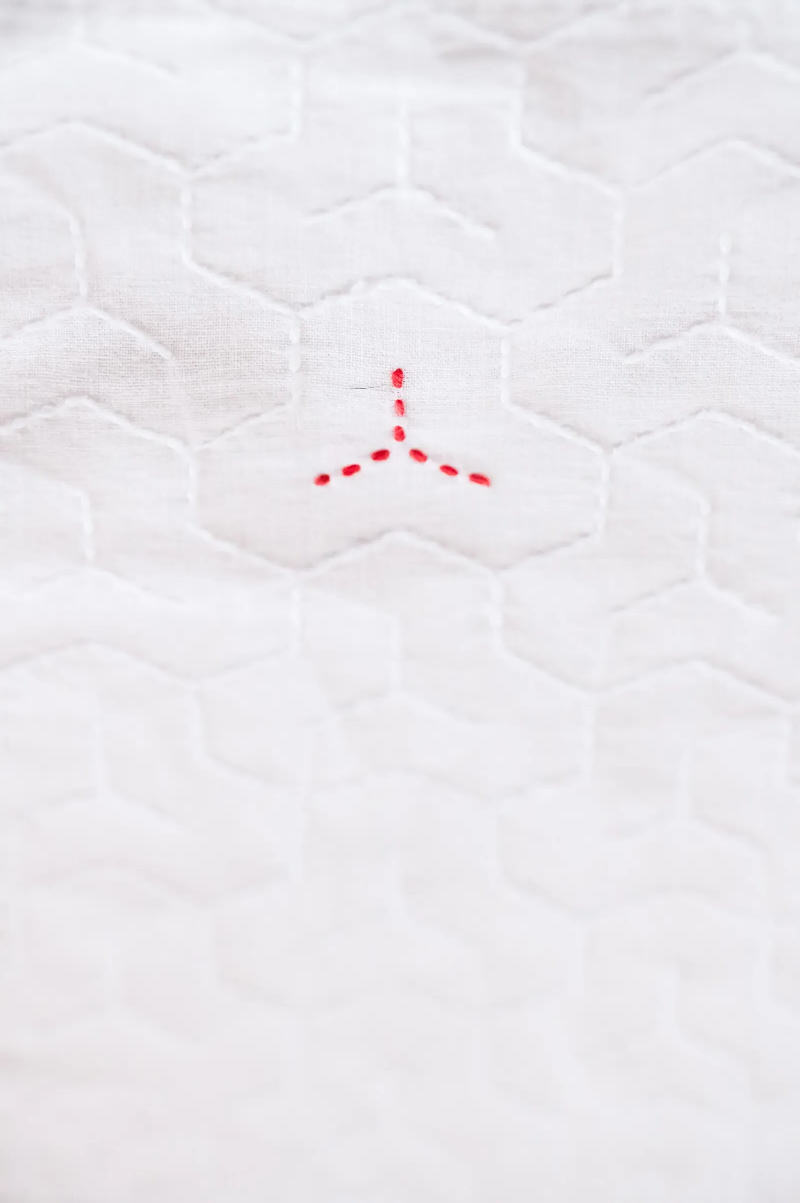 Sashiko pattern bishamonkikko in white thread on white fabric with on repetition in red.